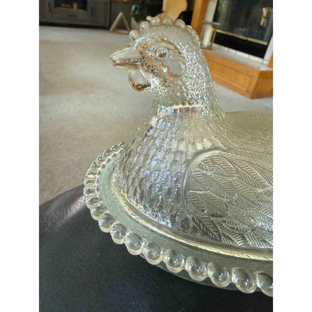 Vintage Indiana clear Glass Hen on Nest Covered Dish Beaded Rim Farmhouse